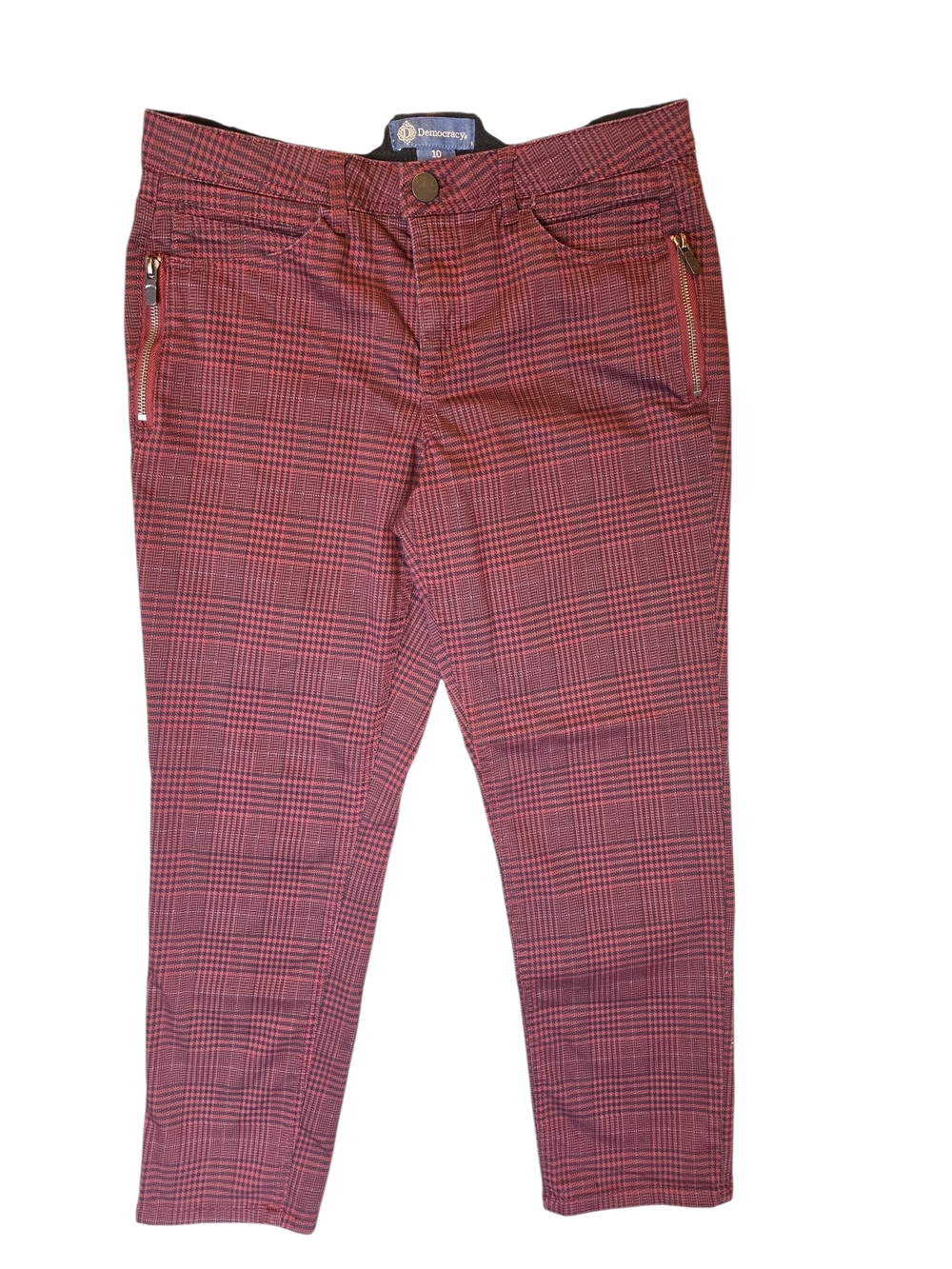 Democracy Pants Womans 10 Red Black Plaid Ankle Stretch Preppy Classic Bohemian